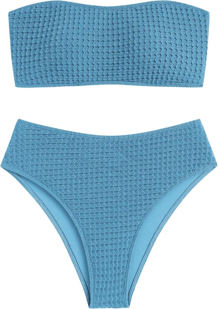 ZAFUL Women's Textured Bandeau Bikini Strapless Solid Color 2 Pieces Bathing Back Lace-up Suit Swimsuit (7-Blue, S)
