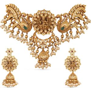 TARINIKA Brass Indian Choker Necklace Set - Gold Plated Cubic Zirconia Indian Jewelry Sets for Women Dangle, Drop, Jhumka Earrings Traditional Desi Necklace Pearls Gift for her