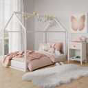 Little Seeds Skyler Montessori-Style House Floor Bed Frame for Kids and Toddlers, Metal Canopy Frame, No Box Spring Required, Twin, Off White