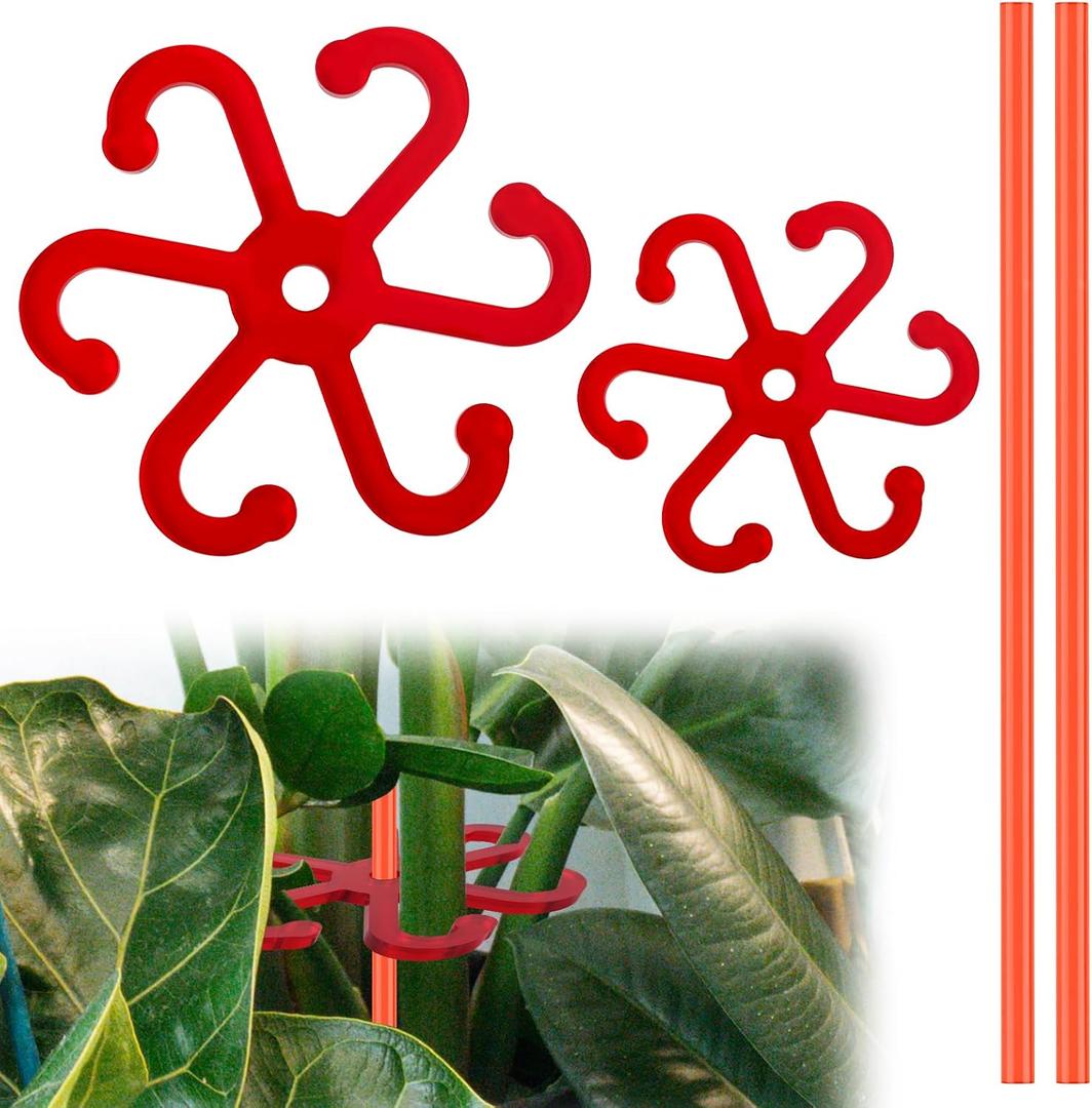 2 x 2pcs Plant Stem Support, Plant Climbing Stem Holders Reusable Houseplant Growth Accessories Plastic Plant Stem Hook Stakes for Growing Plants Outdoor & Indoor for Monstera Vertical Growth (Red)