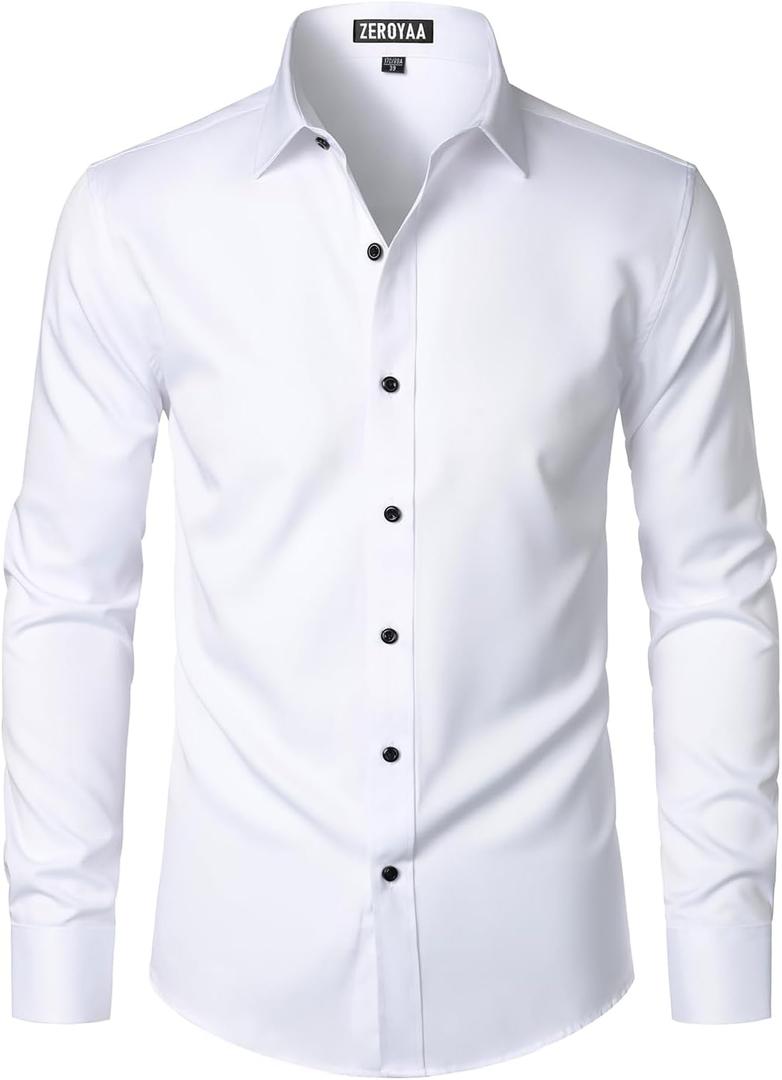 ZEROYAA Men's Long Sleeve Dress Shirt Modern Slim Fit Wrinkle-Free Casual Business Button Up Shirts (X-Large, White Black)
