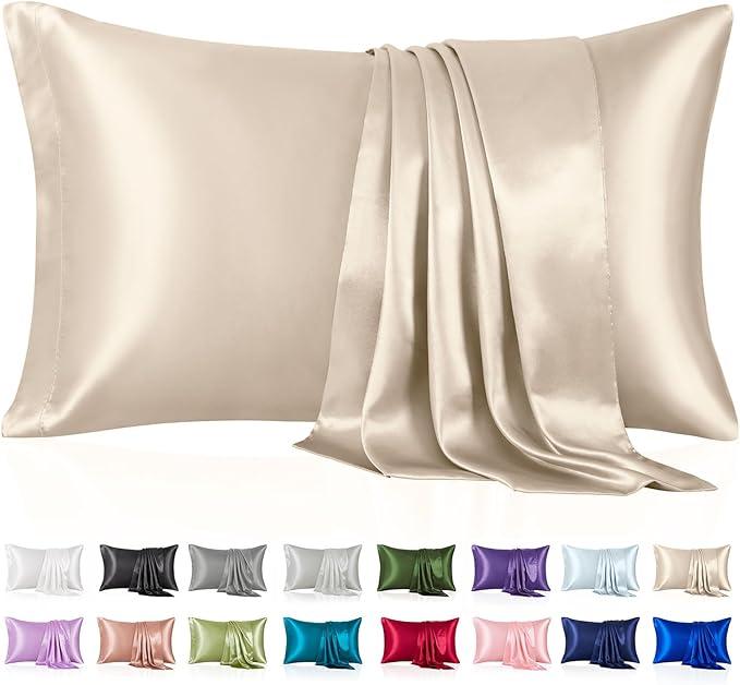 Simple&Opulence Mulberry Silk Pillowcase for Hair and Skin King, Soft Cooling Smooth Silk Pillow Cases Cover Set of 2 with Envelope Closure (20"x40"+ Sleep Eye Mask, Beige)
