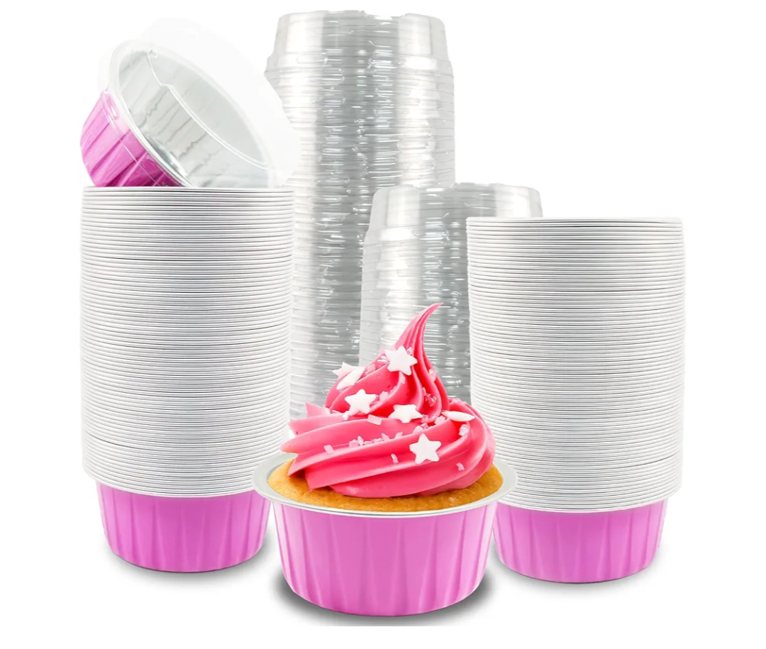 100Pcs Disposable Ramekins, 5oz Mini Cake Pans with Lids Aluminium Foil Baking Cups, Disposable Mini Cake Containers Creme Brulee Ramekins for Christmas Party Wedding Birthday(Pink Silver)