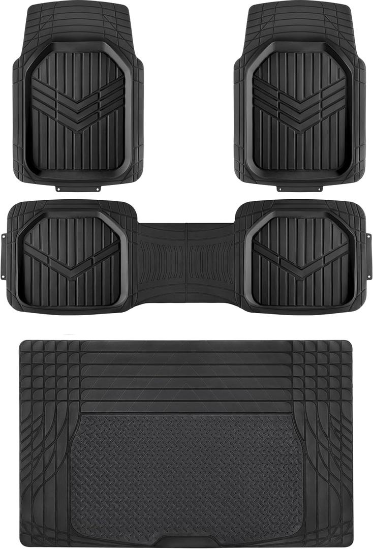 Amazon Basics 4-Piece Heavy Duty PVC Floor Mats with Cargo Liner and Rear, Waterproof Trim To Fit Car Mats, Black Amazon Basics 4-Piece Heavy Duty PVC Floor Mats with Cargo Liner and Rear, Waterproof Trim To Fit Car Mats, Black