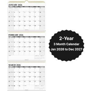 Wall Calendar 2026-2027, 3 Month Vertical Calendar, Move-a-Page, 2 Year from January 2026 - December 2027, 11 x 25, Large Monthly Hanging Calendar with Ruled Blocks, Thick Paper, Notes