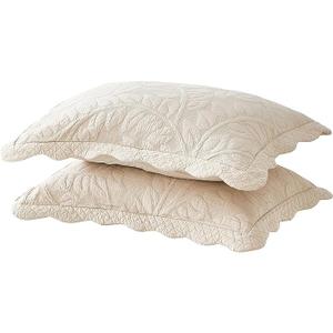 MarCielo 2-Piece 100% Cotton Quilted Pillow Shams Embroidered Farmhouse Pillow Shams (Standard, Natural Beige)