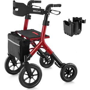 MAXWALK Rollator Walker with Seat, Tall Walkers for Seniors, 12" Big Rubber Wheels All Terrain Rollator Walker with Backrest, Built-in Cable, Foldable and Dual Adjustable Height for 5.3-7ft, Red
