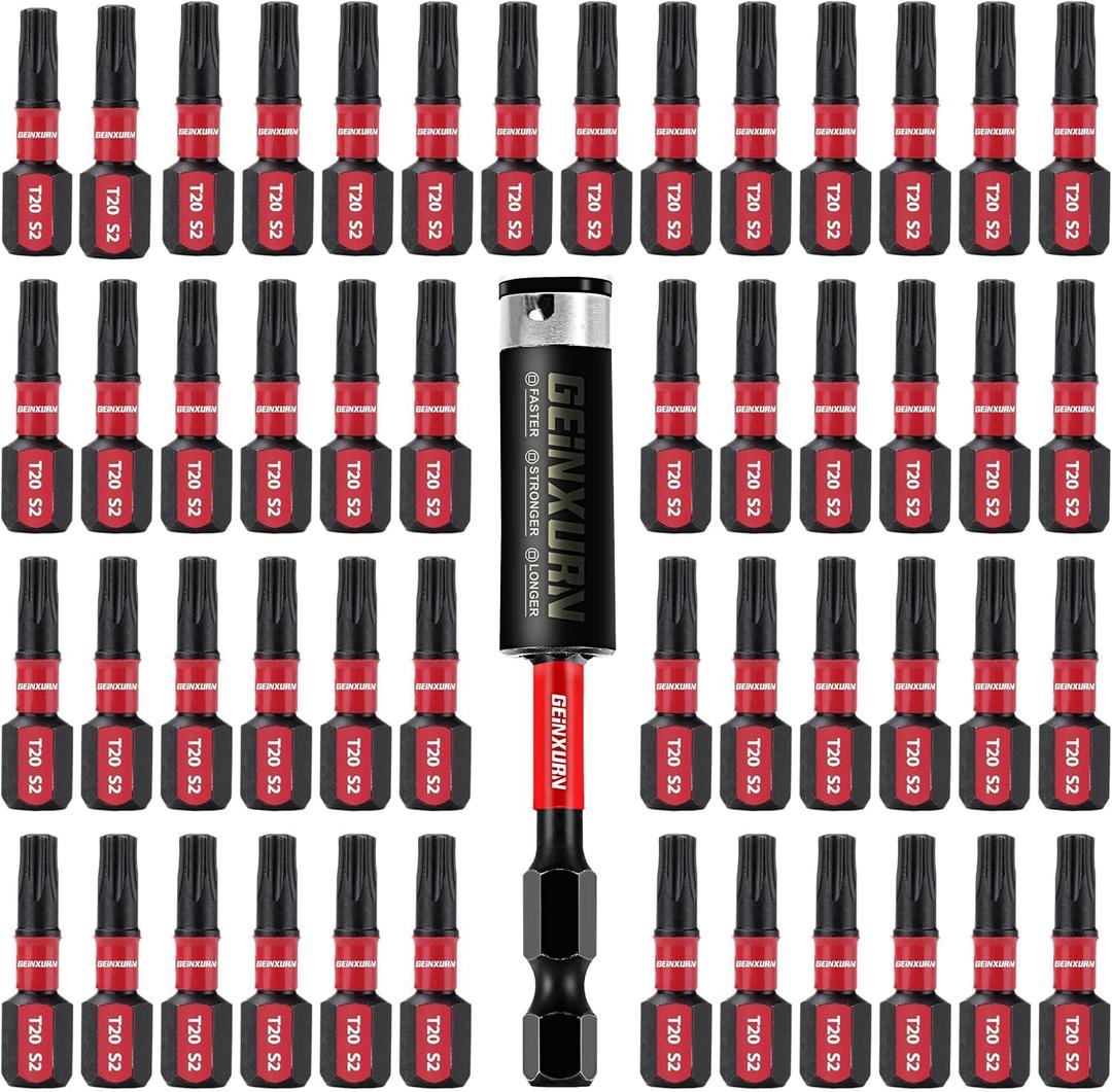 50 Pieces T20 1 In. Impact Tough Magnetic #20 Torx Head Power Bits, S2 Alloy Steel T20 Screwdriver Bits Set with 1Pcs Impact Bit Holder