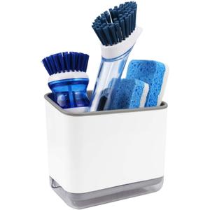 KeFanta Sink Counter Caddy, Plastic Dish Sponge Holder, Kitchen Brush and Scrubber Organizer with Drain Tray, White