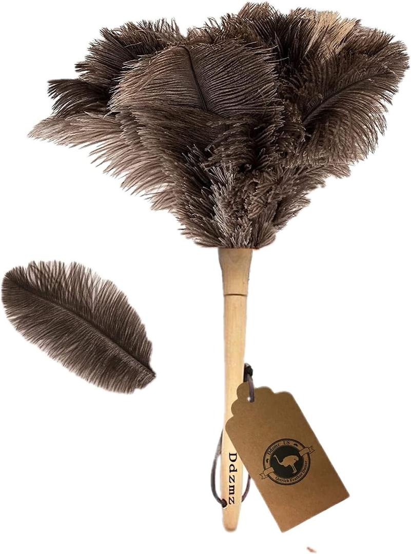 Ostrich Feather Duster for Cleaning-Furniture Dusters with Handle Ddzmz Hand Duster with Fluffy Natural Genuine Feather Reusable Household Duster, Gray and Brown(Length 16")