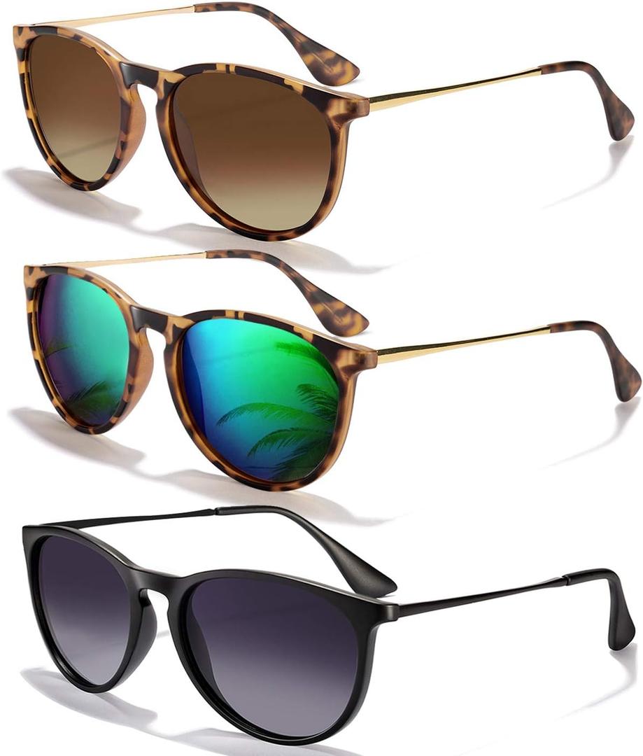 CHBP Sunglasses Womens Men Polarized UV Protection Trendy Vintage Retro Round Mirrored Lens Sunglasses For Women (A-3pack-leopard Frame Green Lens+black Frame Gradient Grey Lens+leopard Frame Brown Lens)