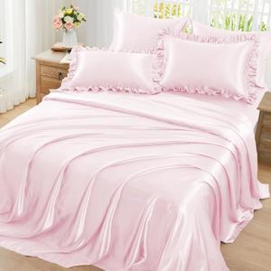 Homiest Ruffled Satin Sheets Full Size 6pc Set - Blush Pink Bed Sheet Set with 15 Inch Deep Pocket Fitted Sheet, 1 Flat Sheet, 2 Ruffled Pillow Shams & 2 Pillowcases, Similar to Silk Sheets