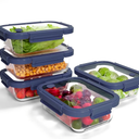 BOROHOUSE 5Pack Borosilicate Glass Containers with Tempered Lids, 35.2oz/4.4 Cup Airtight Meal Prep Set, Microwave/Freezer Safe (Blue)