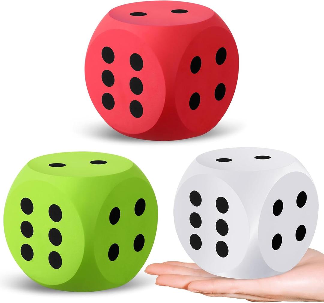 Shappy 3 Inches Foam Dice Fun Filled Large Educational Toy Kawaii Giant Decorative Eva Foam Jumbo Dice Big Square Building Blocks for Board Game Nights Learning Sessions(Red Green White,3 Pcs)