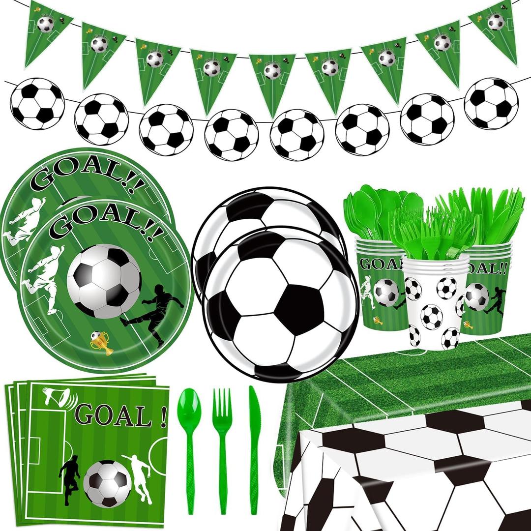 172pcs Soccer Theme Party Supplies Set, Plates, Cups, Napkins, Tablecloth and Banner, Sports Birthday Decorations for 24 Guests