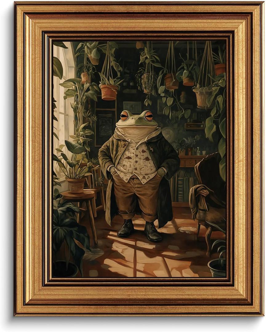 CHMMART Vintage Gold Framed Wall Art Whimsical Frog Botanical Canvas Art Prints Animal Pictures Wall Decor Cottagecore Plant Paintings Artwork for Living Room Bedroom 8x10in