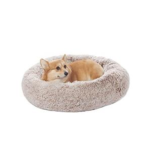 Bedfolks Calming Donut Dog Bed - Round Plush for Medium Dogs, Anti-Anxiety, Machine Washable (Brown), 20x20