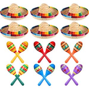 12 Pcs Colorful Wooden Maracas and 6 Pcs Mini Sombrero Hats - Mexican Fiesta Party Favors and Supplies for Carnivals