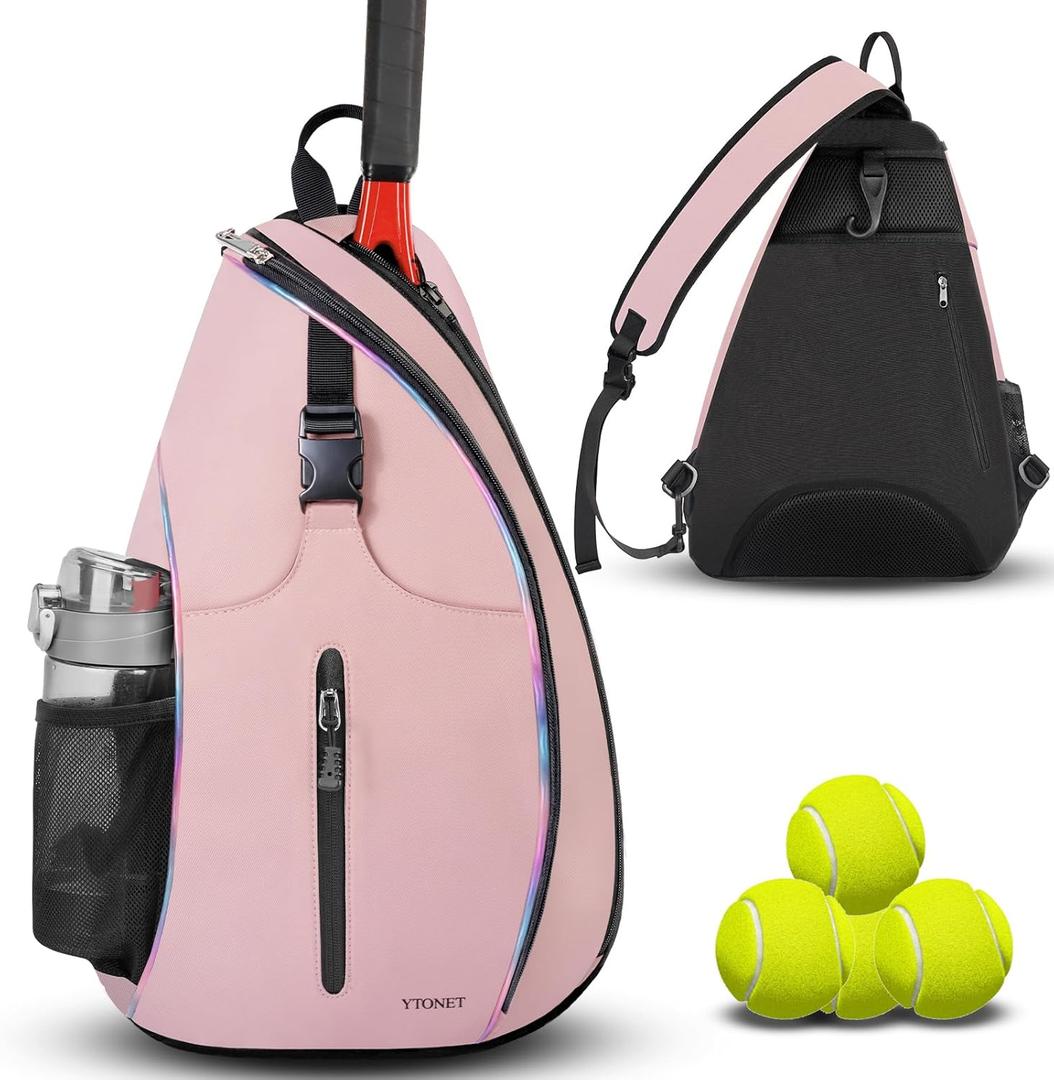 Ytonet Tennis Bag, Tennis Sling Backpack Crossbody Water Resistant for Men Women, Compatible for Pickleball Badminton Rackets (Large, Light Pink)