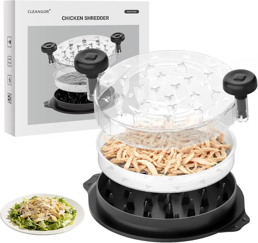 Cleangor Chicken Shredder Tool Twist, Visible Chicken Breast Shredder Tool Meat Shredder with Removable Tray, Ergonomic Handle, Non-Slip Base Food Shredder Tool for Chicken, Pork, Beef, Fish, Black