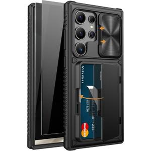 Vihibii for Samsung Galaxy S24 Ultra Case with Card Holder (4 Cards), Built-in 2X Privacy Screen Protector & Slide Camera Cover & Kickstand, Rugged & Shockproof Phone Case for S24 Ultra, Black
