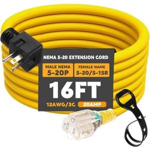Kanayu 16FT NEMA 5-20 Extension Cord, 5-20P Male Plug to 5-20/5-15R Female Receptacle, 20 Amp T-Blade Outlet Extension Power Cord with Indicator Light, 12 AWG, ETL Listed