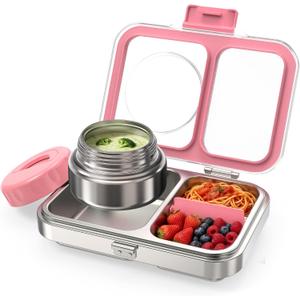 HOMEKOL Stainless Steel Bento Lunch Box + 9.5oz Insulated Food Jar, Pink | 2-Compartment Leak-Proof Container for Kids & Adults, BPA/BPS-Free, 18/8 Metal, Dishwasher Safe, Clear Tritan Lid