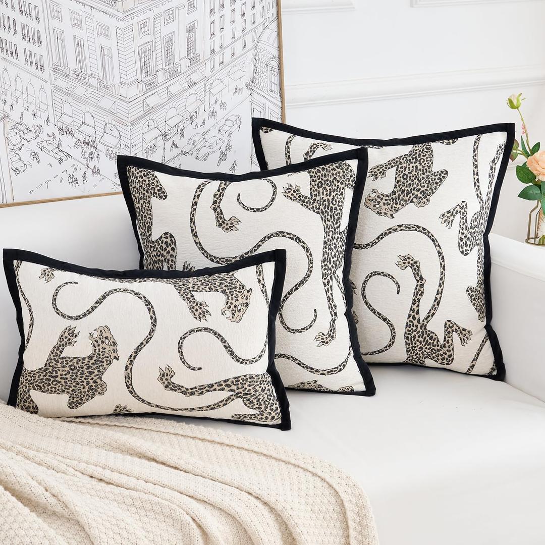 Premium Series, Snow Leopard Throw Pillow Covers, Animal Jacquard Cushion Cases for Home Decor, Chenille Velvet Double-Sided Designs, Cream White, 20 x 20 inch, Covers Only