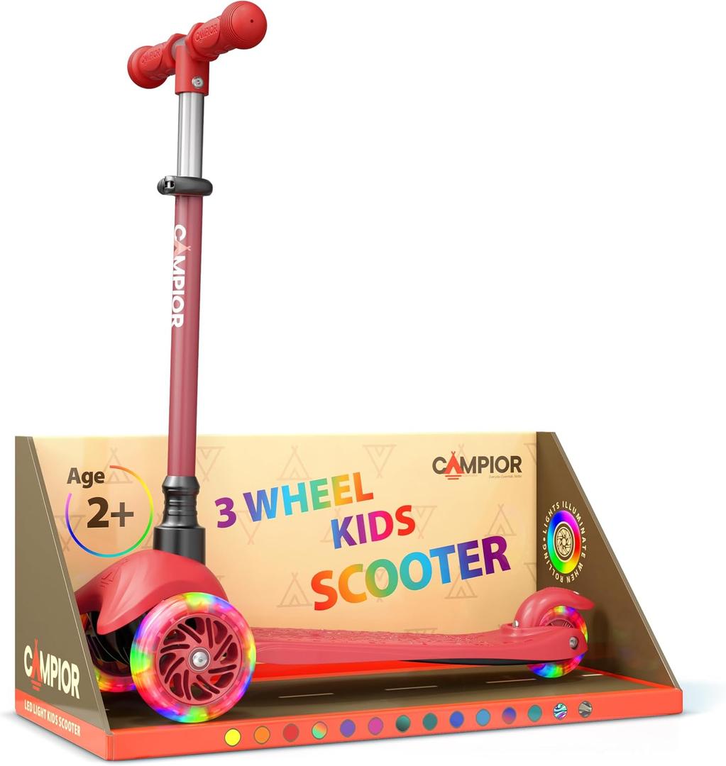 Red Mini 3 Wheel Scooter for Kids Lean-to-Steer with LED Light-Up Wheels, Adjustable Handlebar, Wide Anti-Slip Deck, Smooth PU Wheels, Rear Foot Brake Toddler Scooter for Ages 2+, Compact