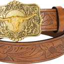 Mawjom Western Cowboy PU Leather Belt - Men Waist Strap Bull Decoration Floral Engraved for Jeans 25" to 38" Waist (Brown-square-buckle)