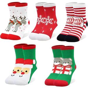 techcity 5 Pairs Boys Girls Christmas Socks Warm Fleece Stockings for Kids Funny Cute Christmas Gift for 1-12 Years Old (White Red Green Xmas)