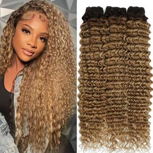 Ombre Deep Wave Bundles Human Hair T4/27# Brown to Honey Blonde Color Deep Curly Human Hair Bundles for Women Wet and Wavy Bundle (22 22 22 Inches)