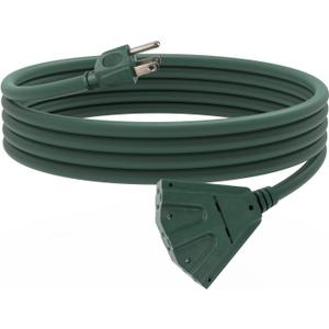 10 Ft Outdoor Extension Cord with 3 Electrical Power Outlets - 16/3 SJTW Green Cable with 3 Prong Grounded Plug
