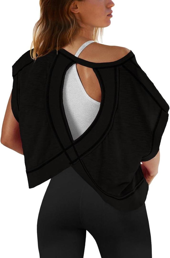SENSERISE Womens Open Back Workout Tops Backless Short Sleeve Athletic Shirt Running Crop Top Gym Yoga Tee (X-Large, Black)