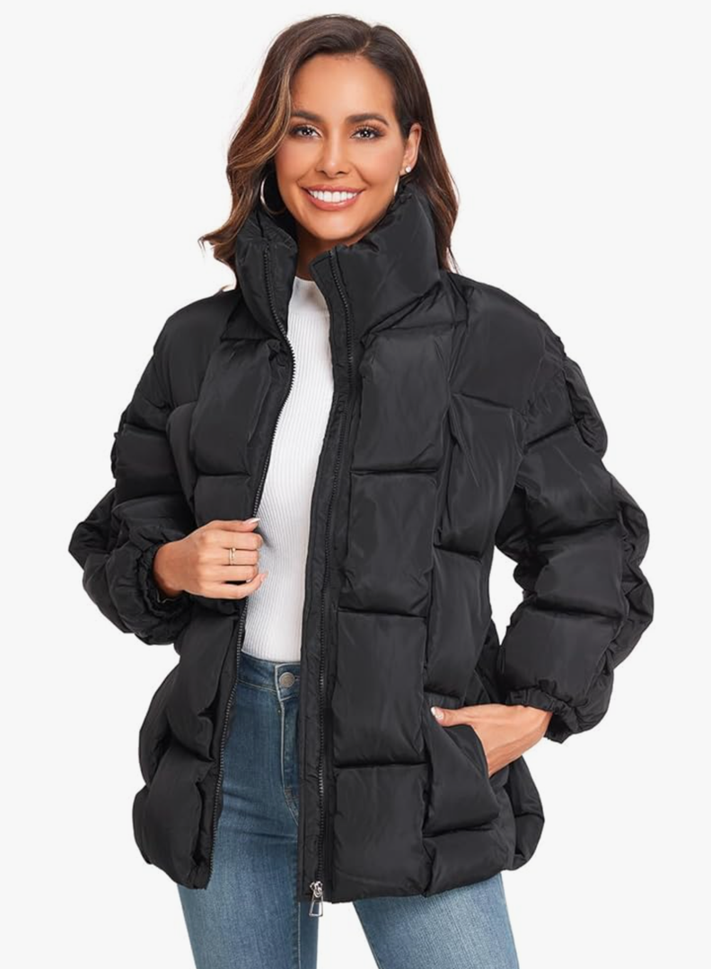 Epsion Womens Winter Casual Puffer Jacket Padded Long Sleeve Full Zipper Stand Collar Pockets Quilted Coats Outwear XL