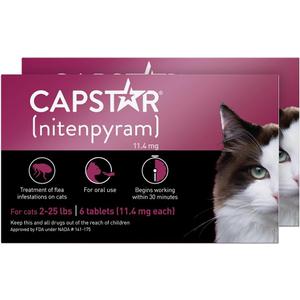 Capstar (nitenpyram) Cat Flea Treatment, Fast-Acting Oral Flea Treatment for Cats 2-25 lbs, Vet-Recommended Medication Tablets Start Killing in 30 Minutes, 12 Doses (Includes Two 6-Count Boxes)