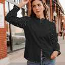 ZESICA Women's Casual Blouse Tops Puff Long Sleeve Button V Neck Hollow Out Eyelet Lace Embroidered Shirt Dressy (Black, L)