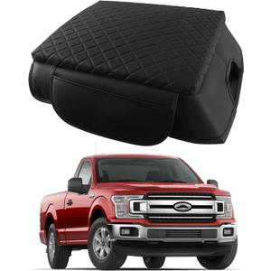 Center Console Cover for 2015-2020 Ford F150 and 2017-2022 F250 F350 F450 Armrest Lid Pad with Organizer Pockets, Black Faux Leather Cushion (Bucket Seat Only)