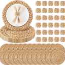 30 Pcs 12 Inch Round Woven Placemats, Water Hyacinth Wicker Place Mats with Napkin Rings Boho Wedding Farmhouse Rustic Woven Chargers Natural Mat Bulk for Wedding Party, Dinner Table