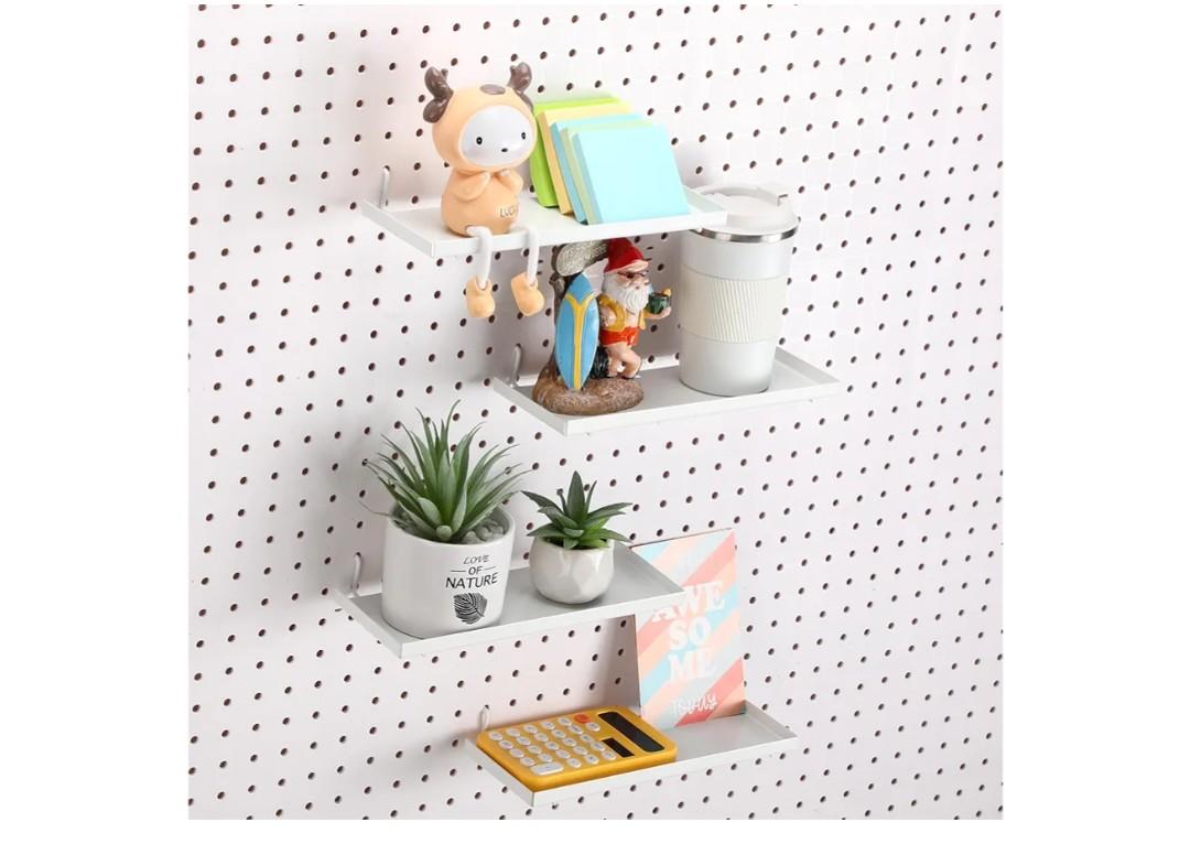 Pcs Pegboard Shelves, 10 x 4 Inch Metal Shelf Brackets Pegboard Tray Accessories Wall Organizer for Craft Room Home Garage Nursery Workbench Kitchen (White)