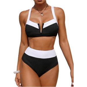 RoseSeek Women's 2 Piece Ribbed Knit Bikini Sets Cut Out Front Contrast Color Swimsuit Elegant Beachwear (M)