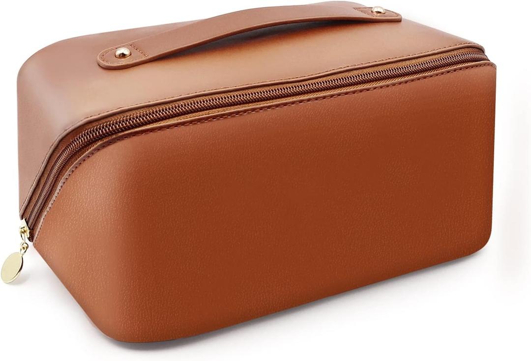 Cosmetic Bag, Large Capacity Travel Makeup Bag, PU Waterproof Storage Cosmetic Bag, Women Portable Travel Makeup Bag with Handle and Divider Flat Lay Makeup Organizer Bag (Brown)