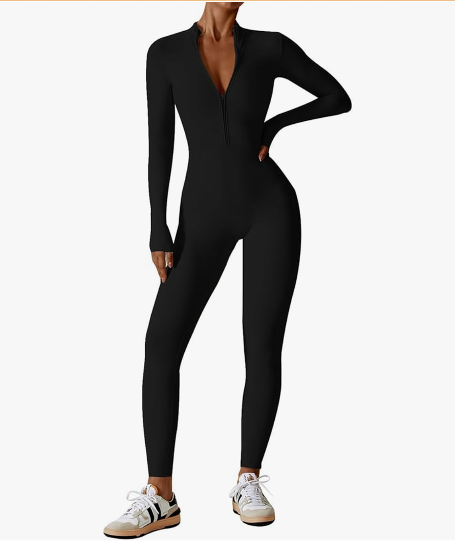 ECUPPER Women Long Sleeve Bodycon Jumpsuits Workout Zip Up Unitard One Piece Full Bodysuits Sexy Yoga Rompers Pants M