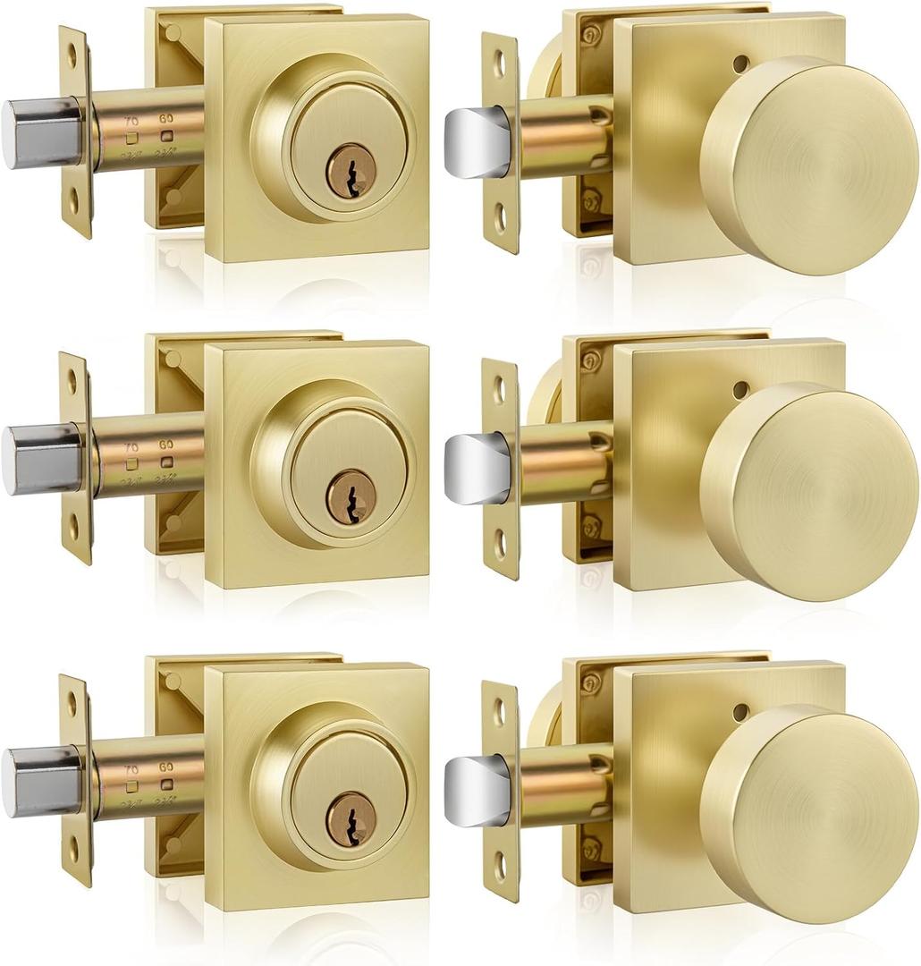 Goldenwarm 3 Pack Brushed Gold Door Knob with Deadbolt, Contemporary Gold Door Knobs Exterior with Deadbolt Zinc-Alloy Heavy Duty Brass Front Door Knob Set