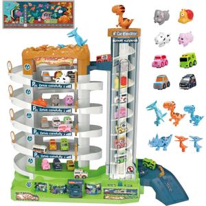 Dinosaur Toy Car Ramp Set - Race Track Garage Playset with Mini Cars & Animal Figures for Kids Aged 3-6 - Gift for Boys Kids Ages 3 to 6 Years Old