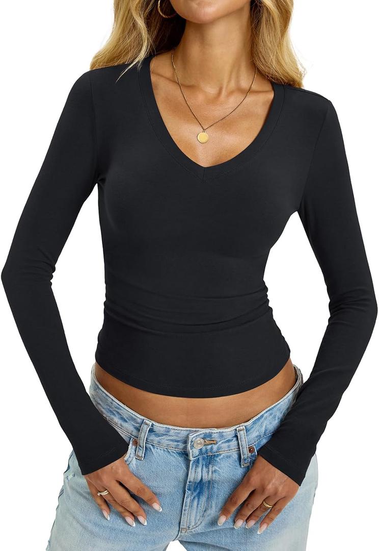 Womens Cotton Long Sleeve Shirts V Neck Slim Fit Tops Basic Tees Going Out Outfits 2025 Fall Spring (Medium, Black)