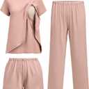 Ekouaer 3 PCS Maternity Nursing Pajamas Set Postpartum Breastfeeding Short Sleeve Shirts, Pregnancy Shorts & Pants Pjs, Medium, Pink