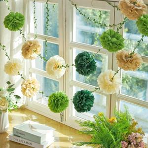 Paper Flower Garland, Saga Green, Light Beige and Cream Color Tissue Paper Flowers Party Decorations, Paper Flowers for Baby Shower, Garden Party, Wedding, Wall Decor, Spring Summer Decor (2 Pcs)