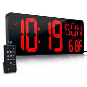 Large Digital Wall Clock with Remote Control 17.2" LED Large Display Timer with Temperature Date Week Auto DST Adjustable Brightness, Big Wall Alarm Clock for Living Room Office Garage Gym Seniors