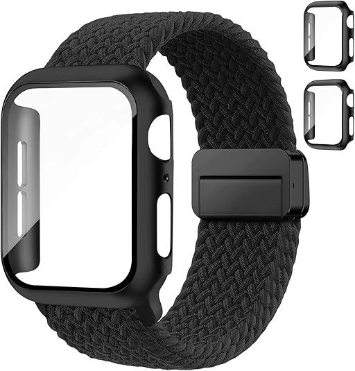 Braided Bands and Case for Apple Watch Bands for Women 40mm 44mm 46mm 42mm 45mm 41mm 38mm Men,Magnetic Nylon Sport Stretchy Solo Loop Elastic Strap with Cover for iWatch Series 11 10 9 8 7 6 5 4 3 SE, Black